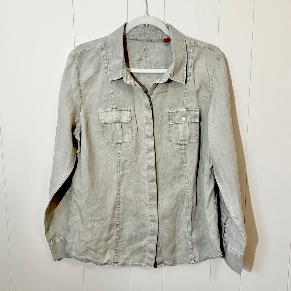 Tommy Bahama 100%Linen Safari Shirt Button Down Pockets Tan Women’s Large